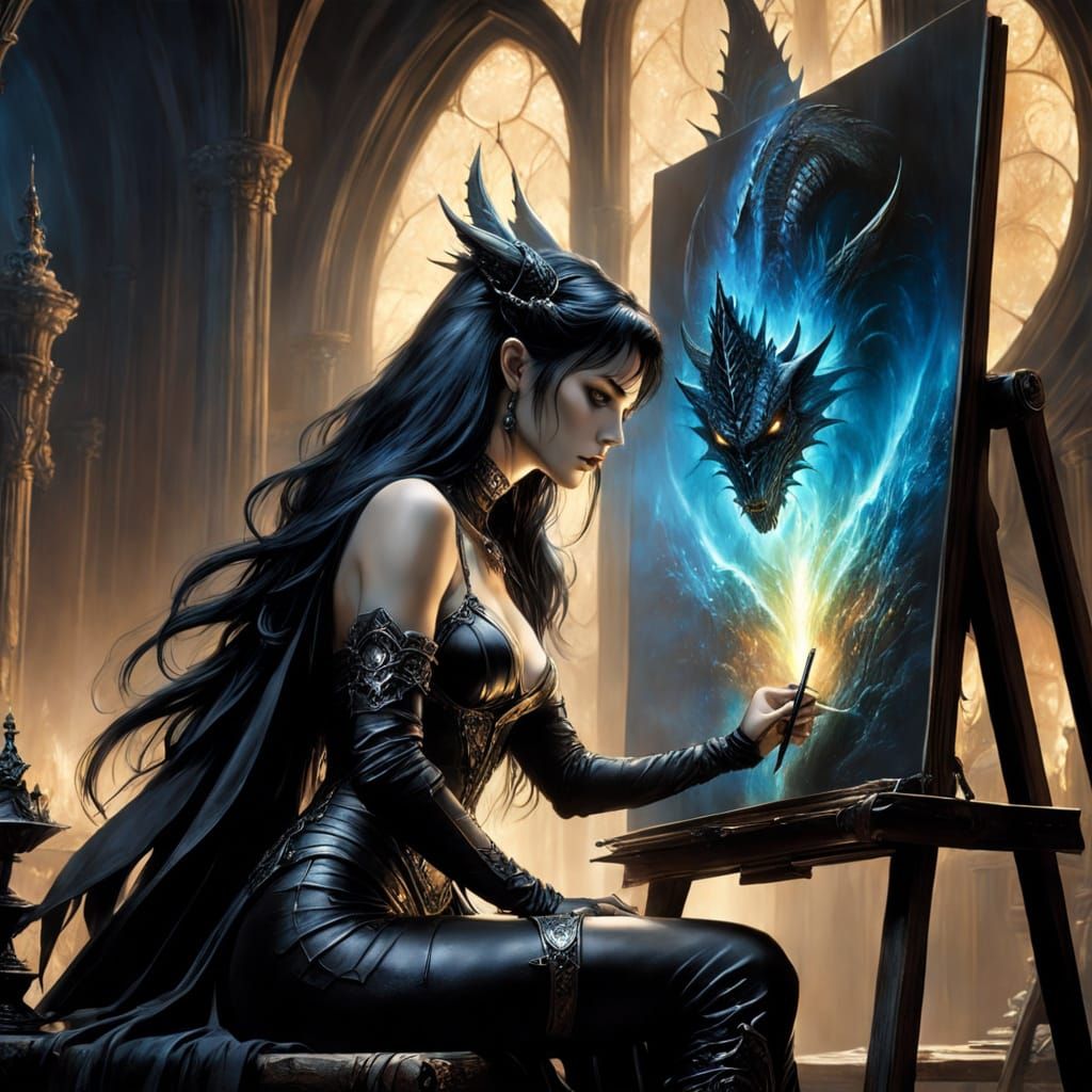 Gothic Woman Sketching Lamia: Dark Fantasy Art