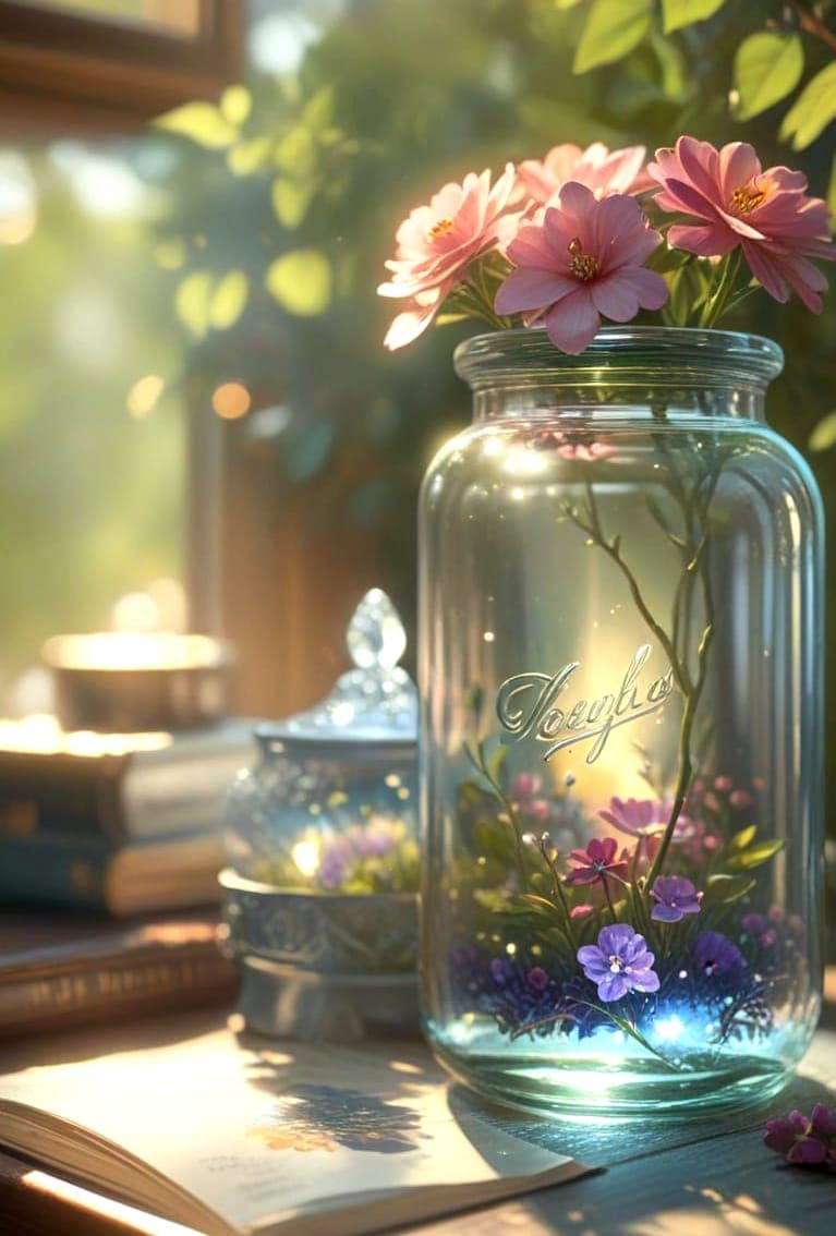 Flowers in Jar, Hyperrealistic Vector Art