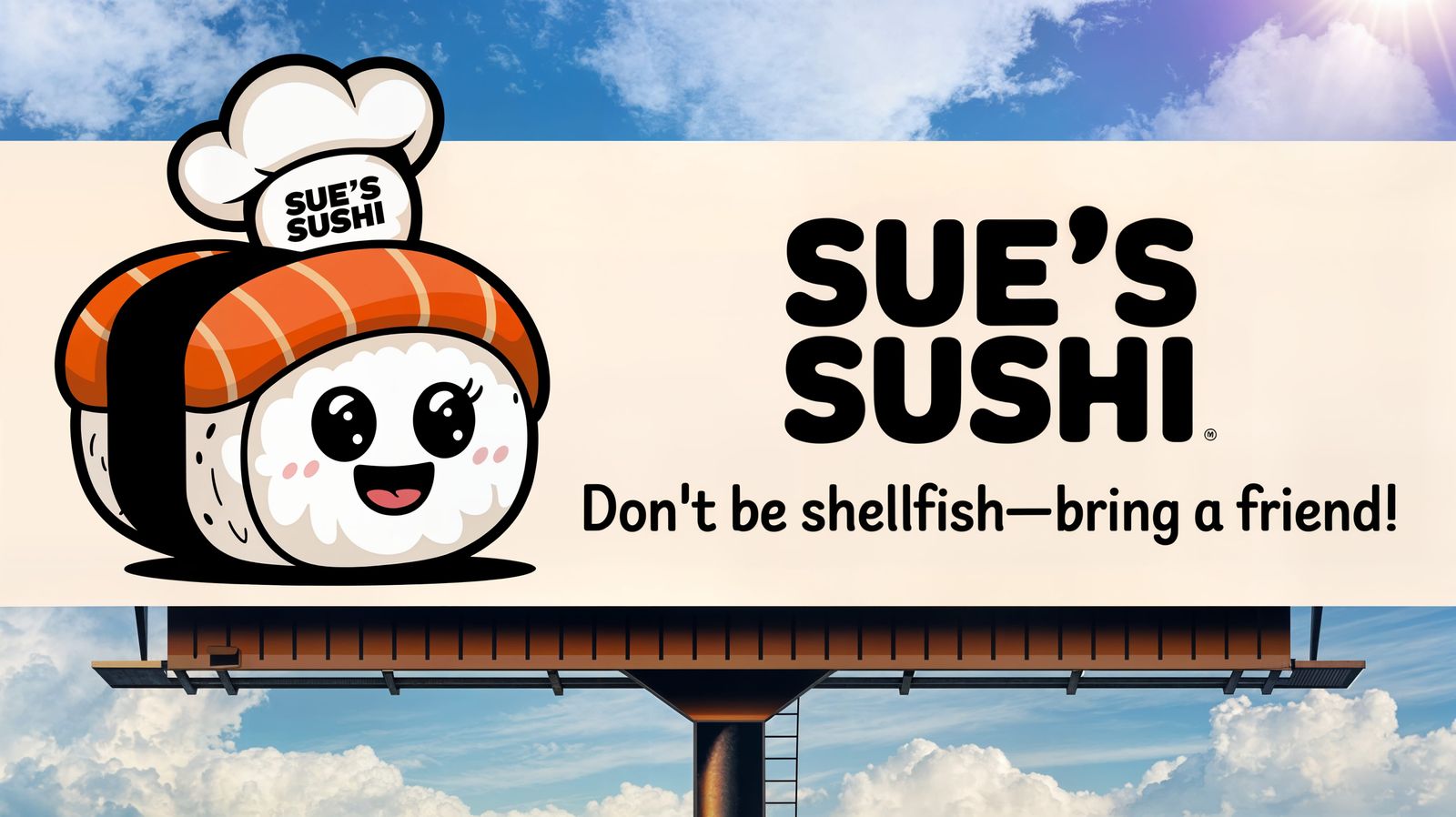 Vibrant CGI Sushi Roll Billboard in a Sunny Sky
