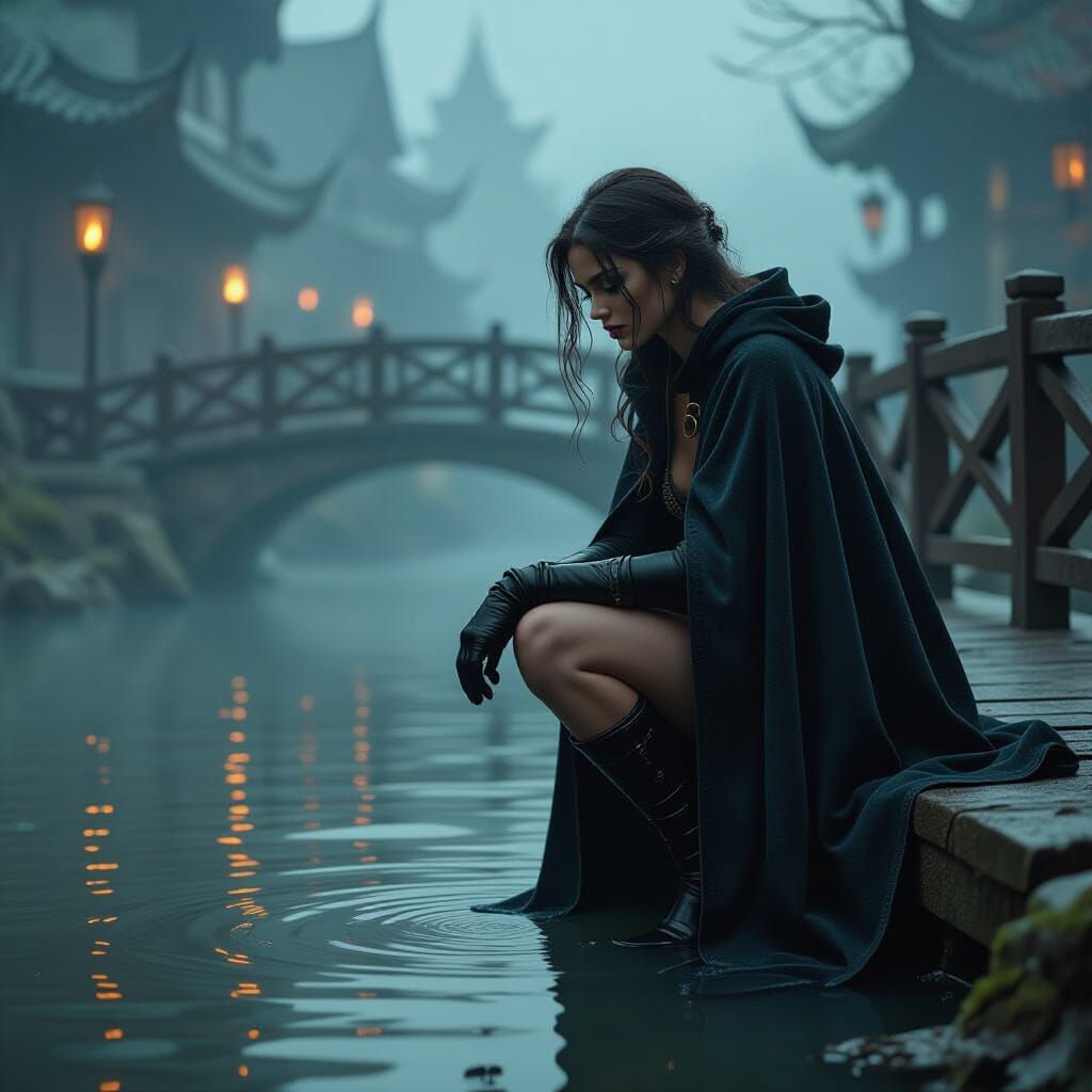 Woman on Bridge in Atmospheric, Hyper-Real Style