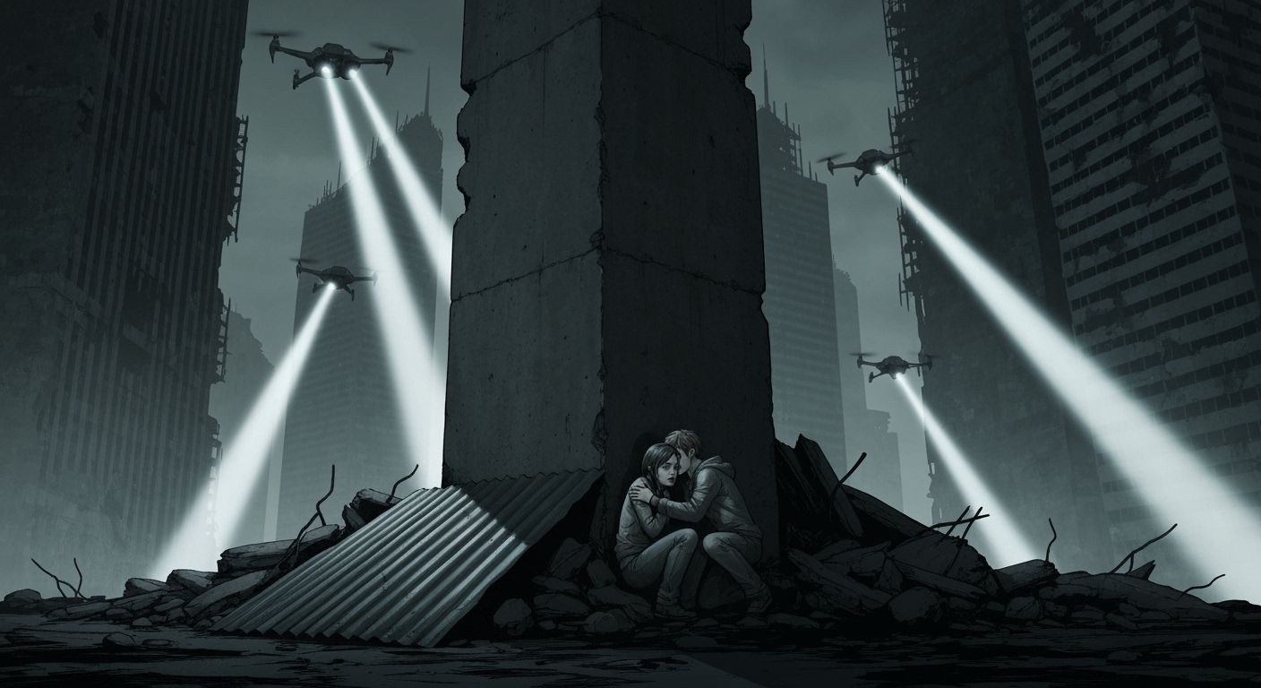Couple Hiding from Drones in Dystopian Ruined City