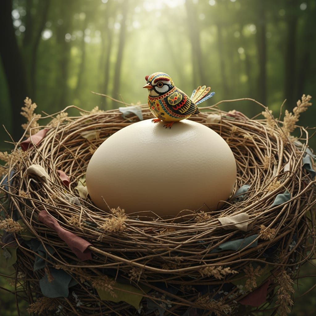 Pysanky Bird Confused in Giant Nest with Ostrich Egg