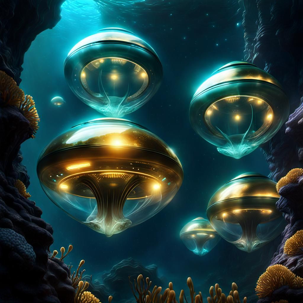Underwater Alien City with Bioluminescent Living Pods