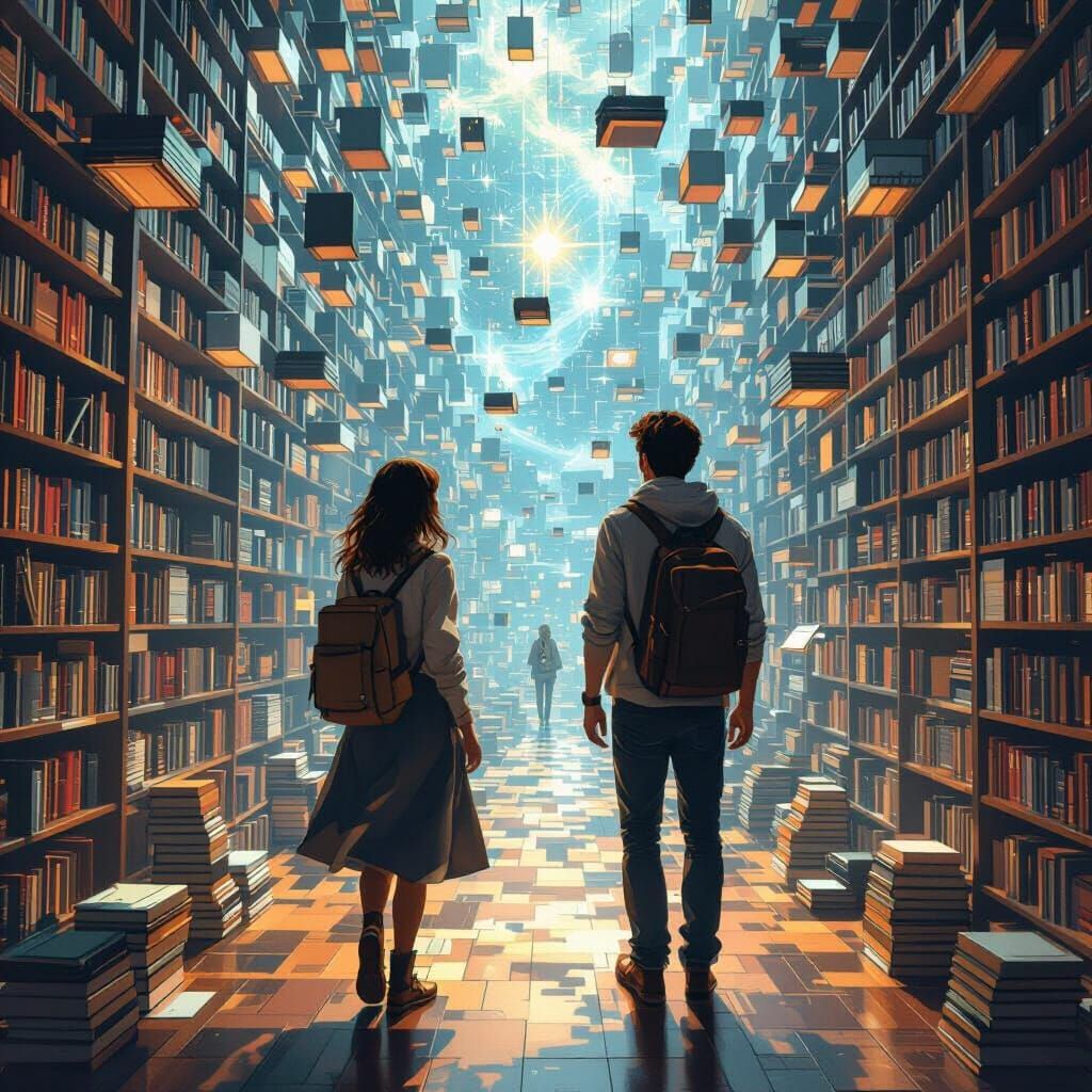Infinite Library Exploration in Magical Realism Style
