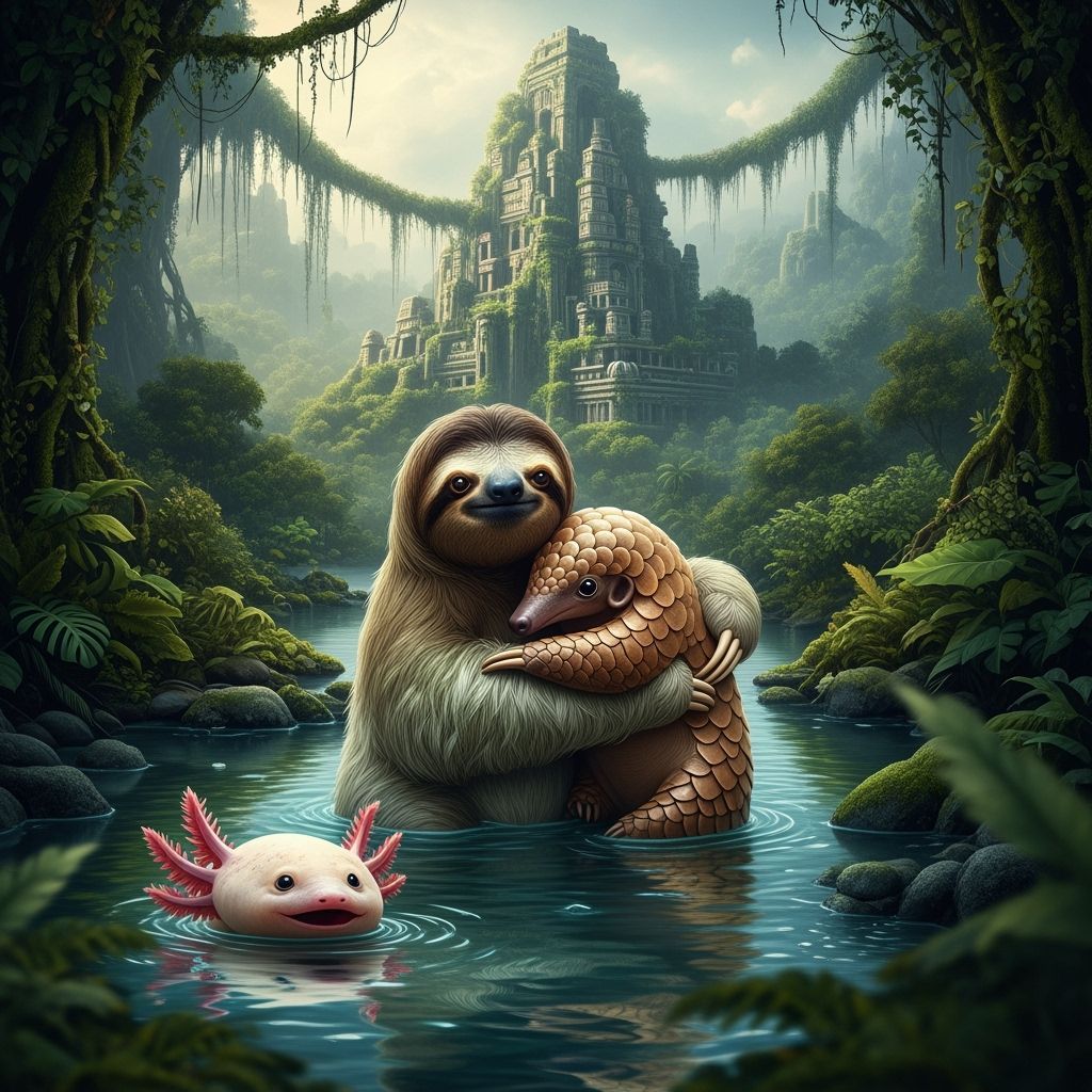 Sloth and Pangolin Hugging in Ancient City with River