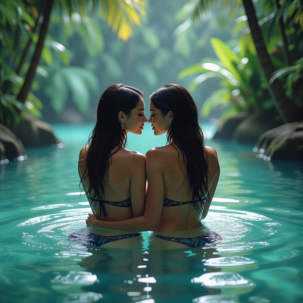 Eurasian Women Embrace in Jungle Pool, Cinematic Style