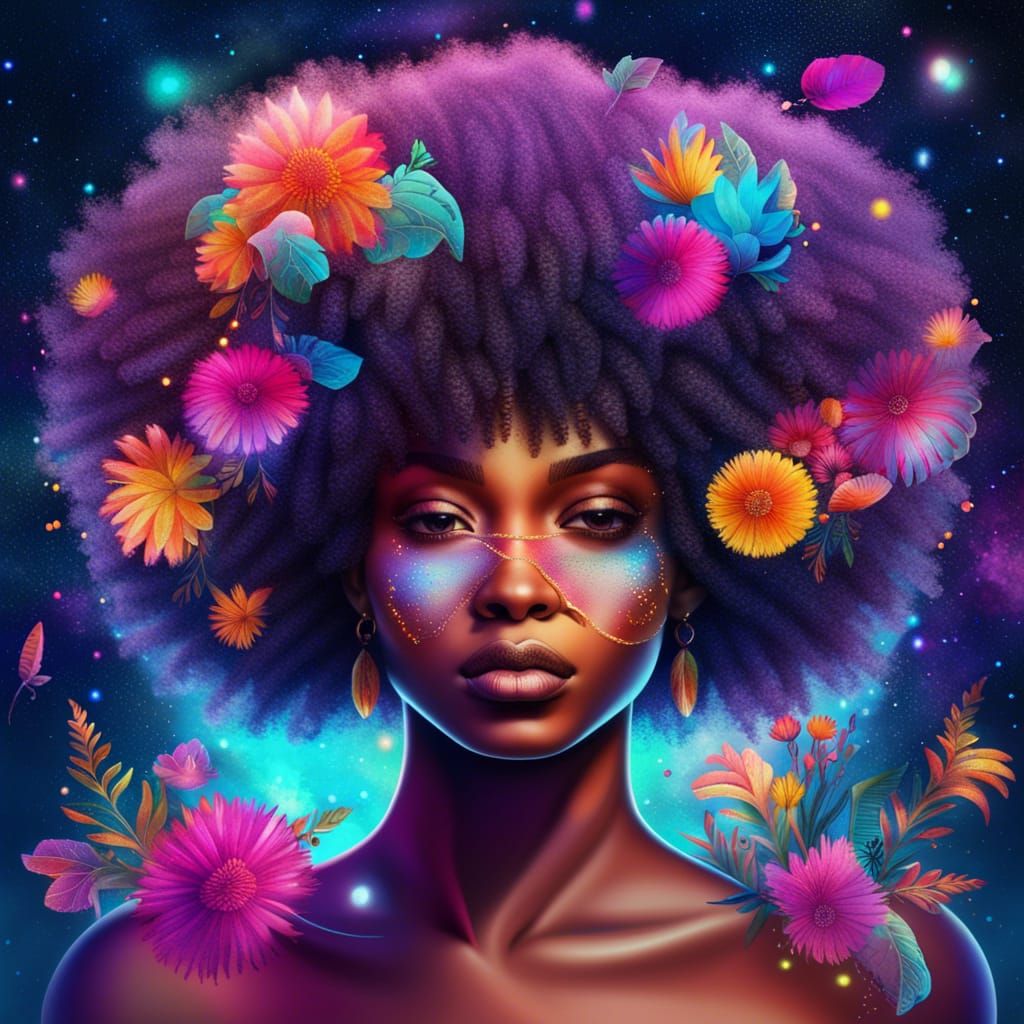 Floral Afro in Holographic Cosmic Illustration
