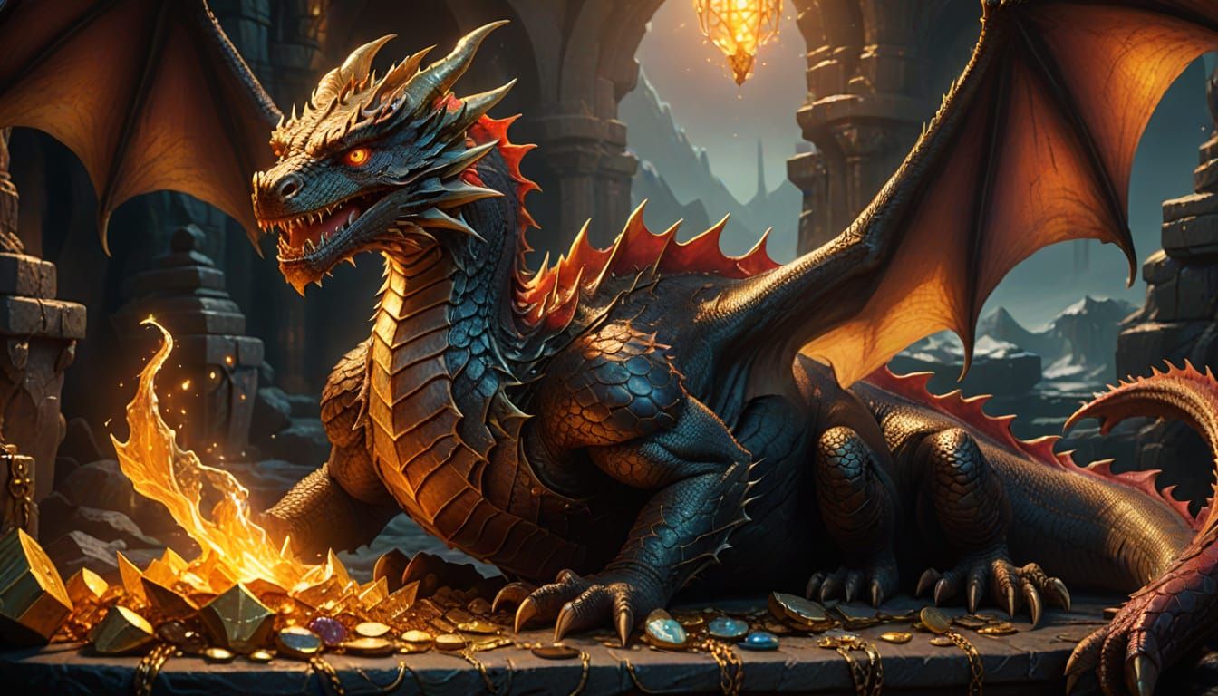 Smaug the Dragon on a Treasure Hoard