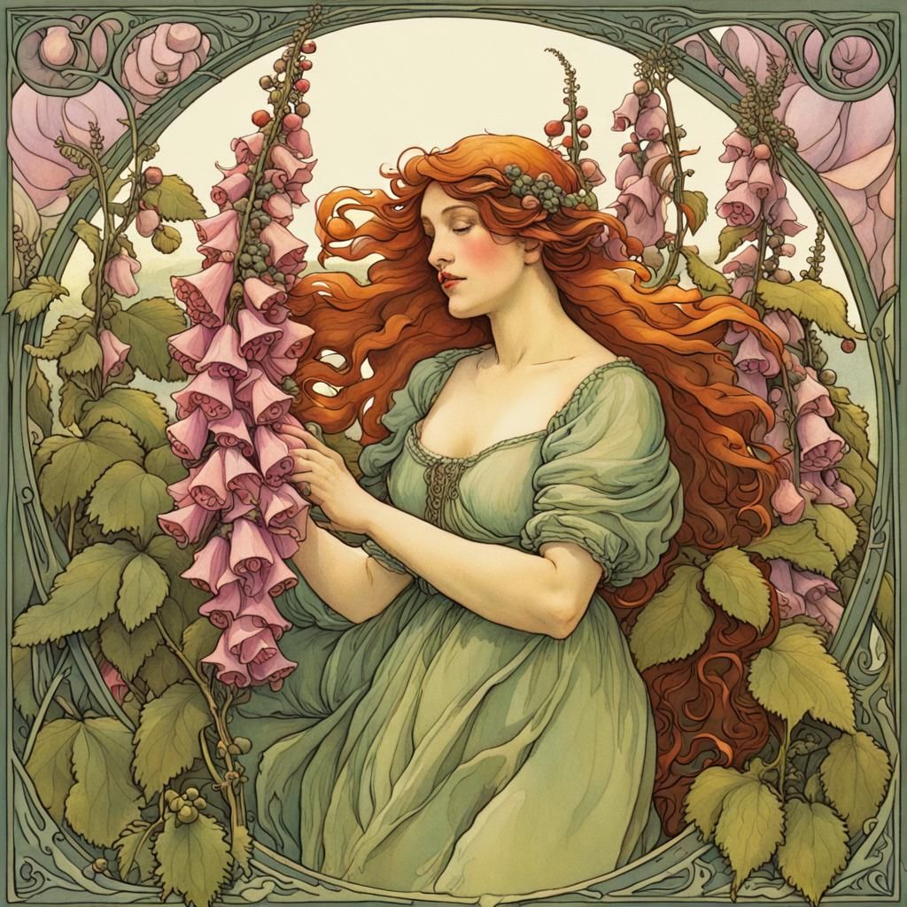 Green Fairy with Foxgloves in Art Nouveau Style