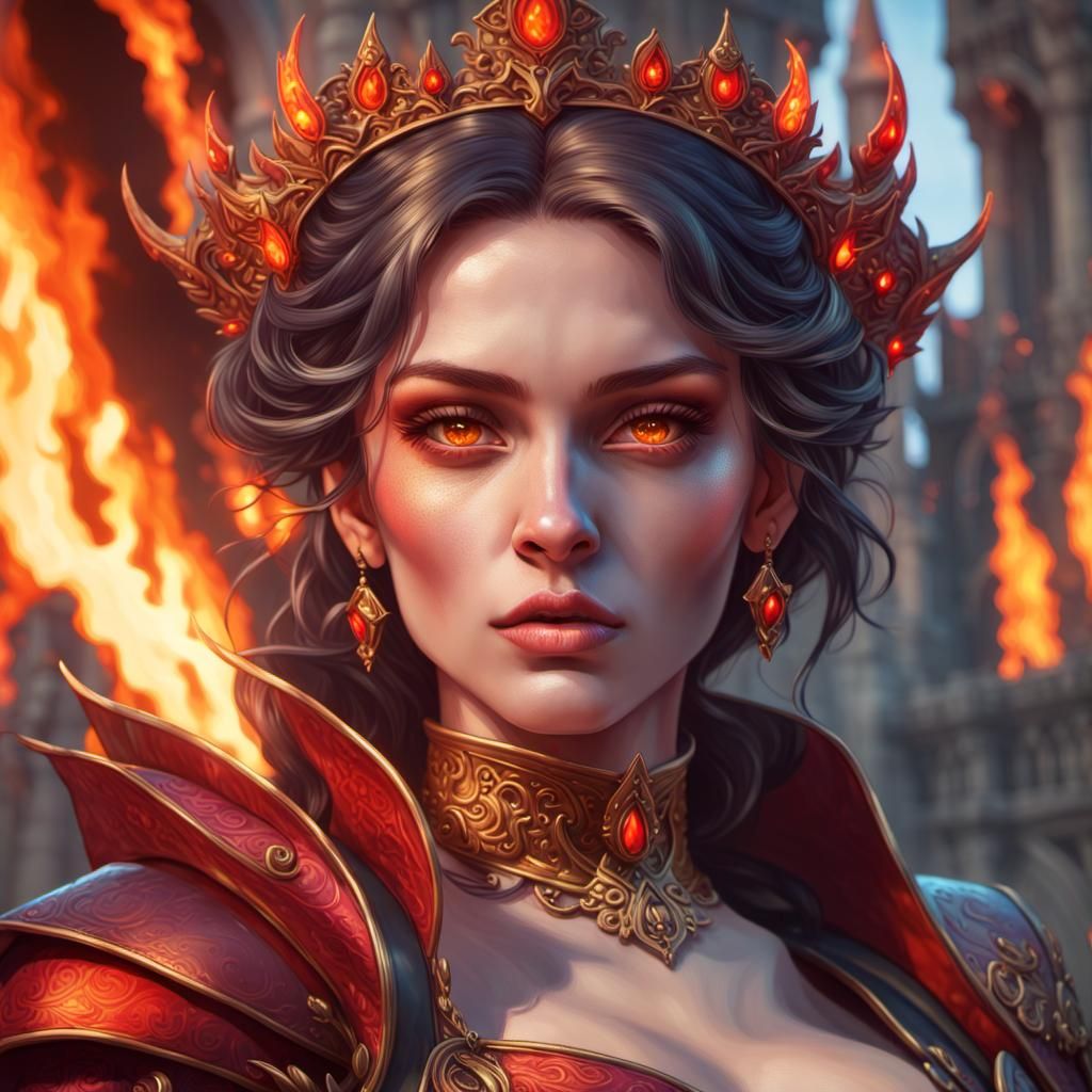 Radiant Fire Queen Portrait in Front of Fiery Castle