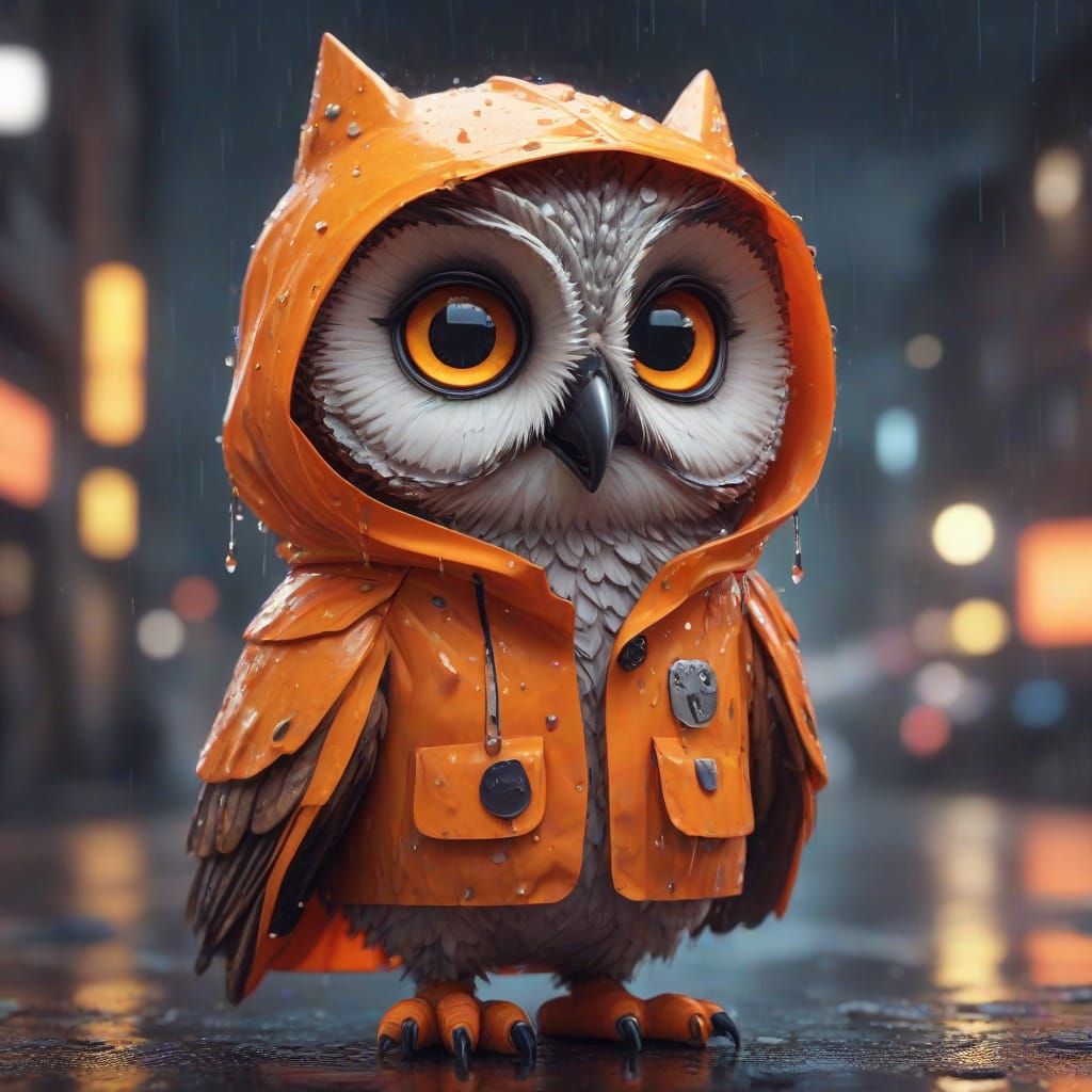Cute Owl in Vibrant Raincoat, Dreamy City Night