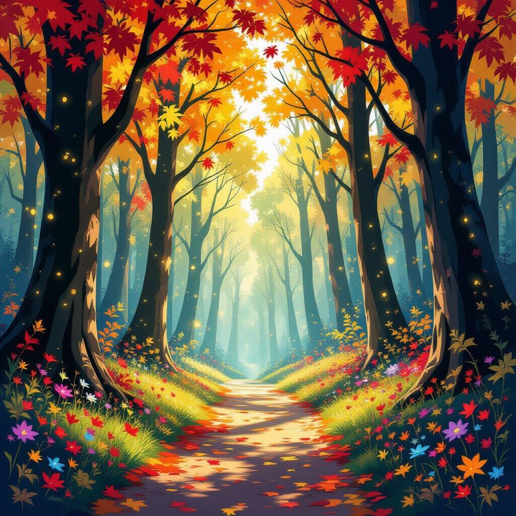Whimsical Autumn Forest with Jewel-Toned Leaves