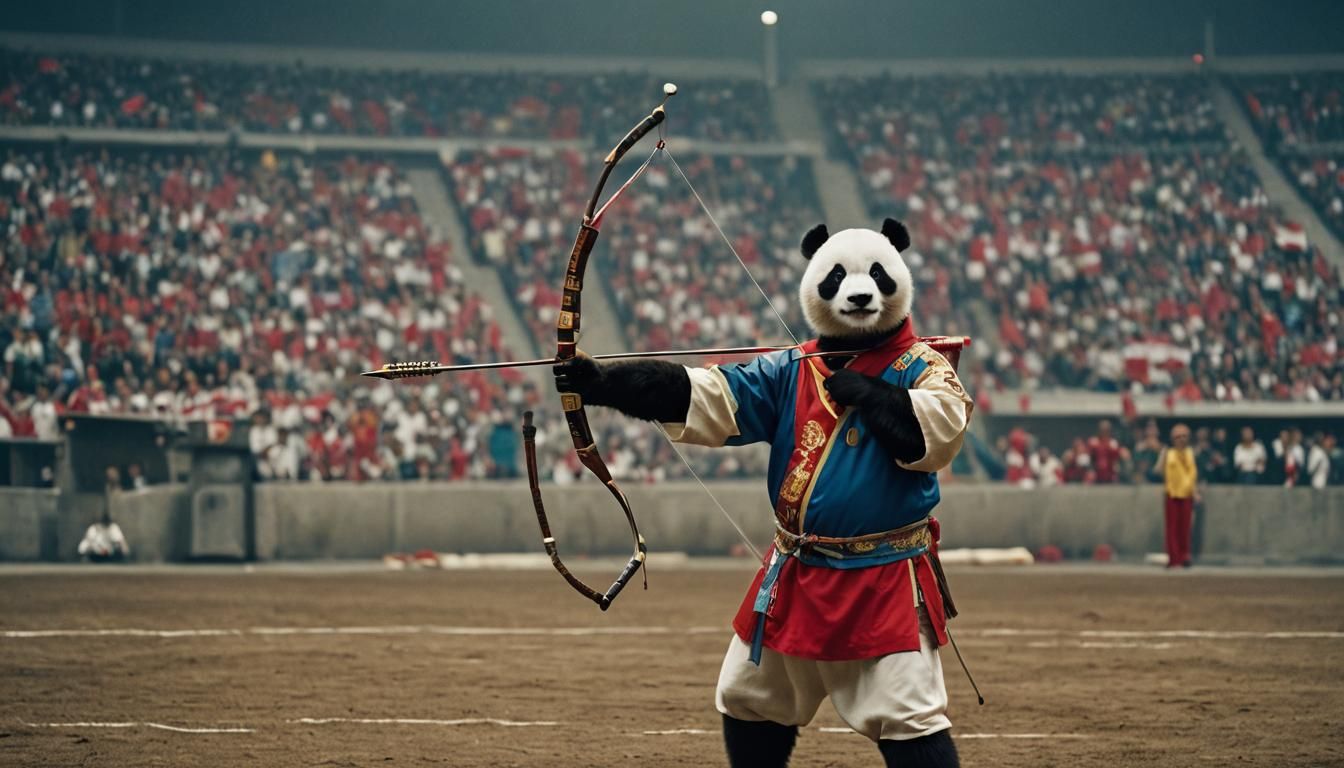 Panda Archer in Olympic Stadium: Cinematic Film Still