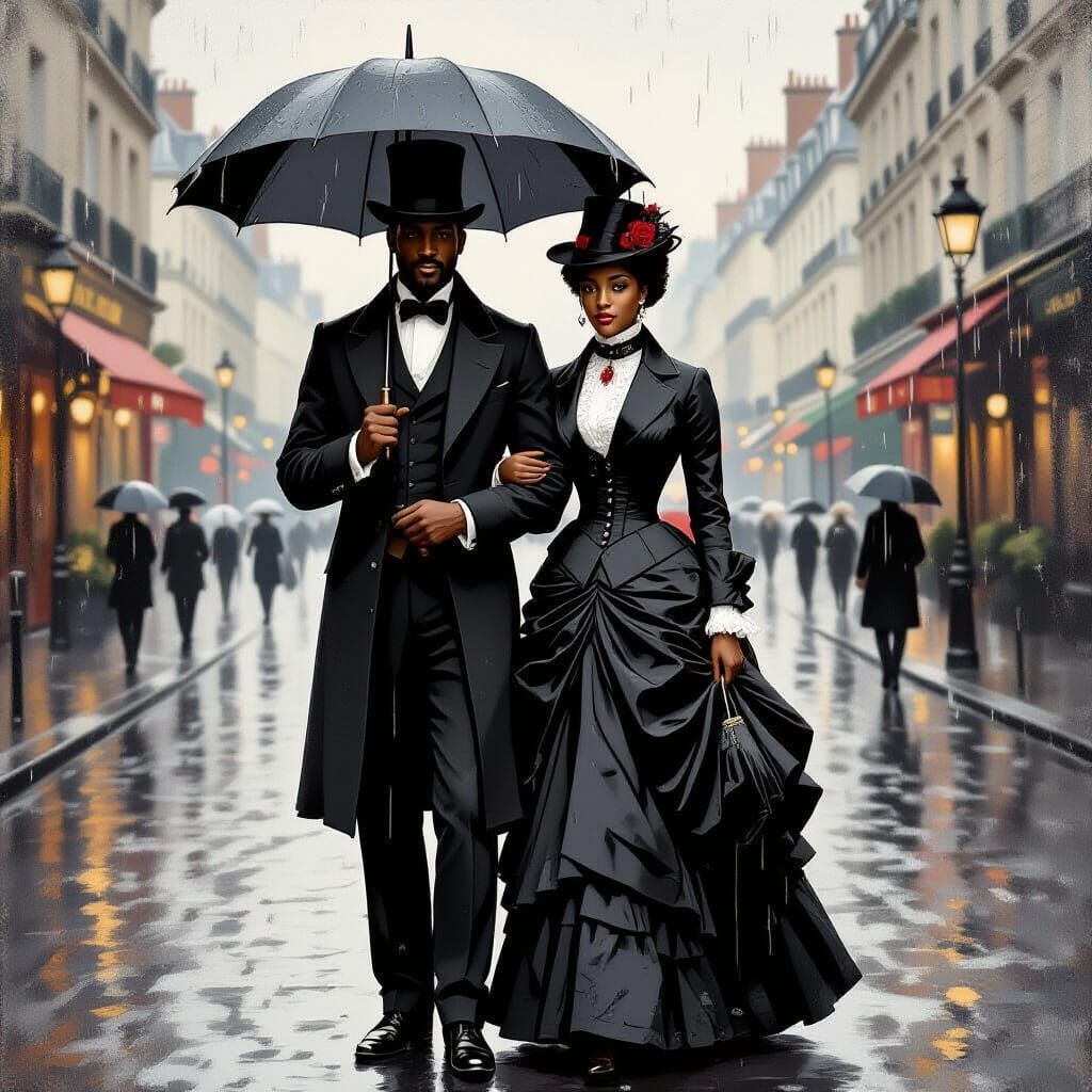 Black Couple in Rainy Paris, Impressionist Style