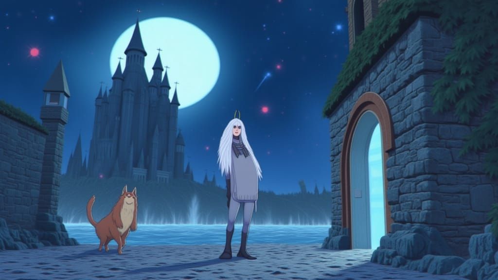 Elf Princess, Castle, and Whimsical Companions in Moonlight