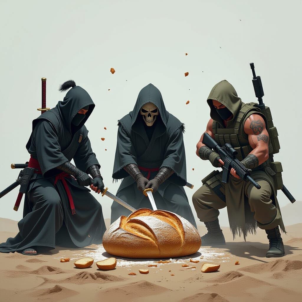 Ninja, Reaper, and Rambo Attack Bread: Stylized Digital Art