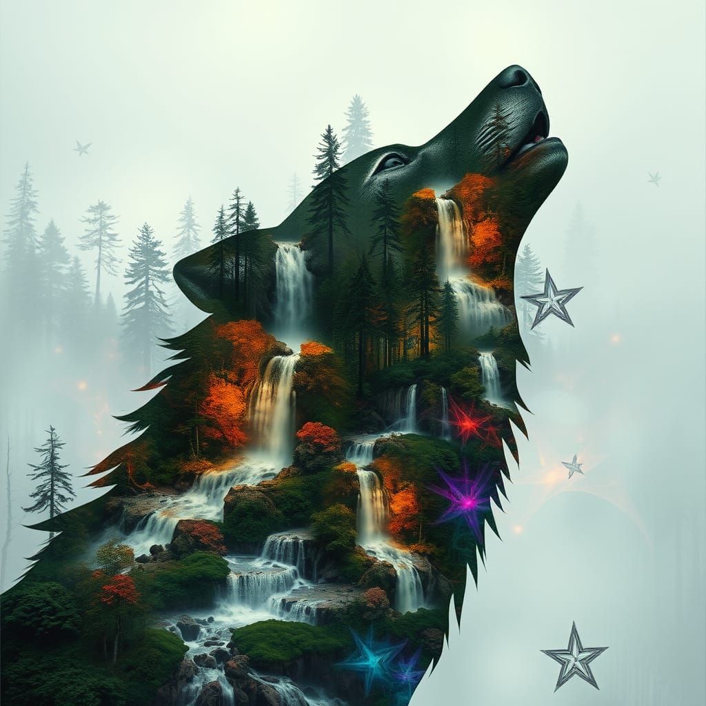 Surreal Wolf Forest Double Exposure