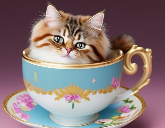 Cute Cat in Teacup: Anime Style Illustration