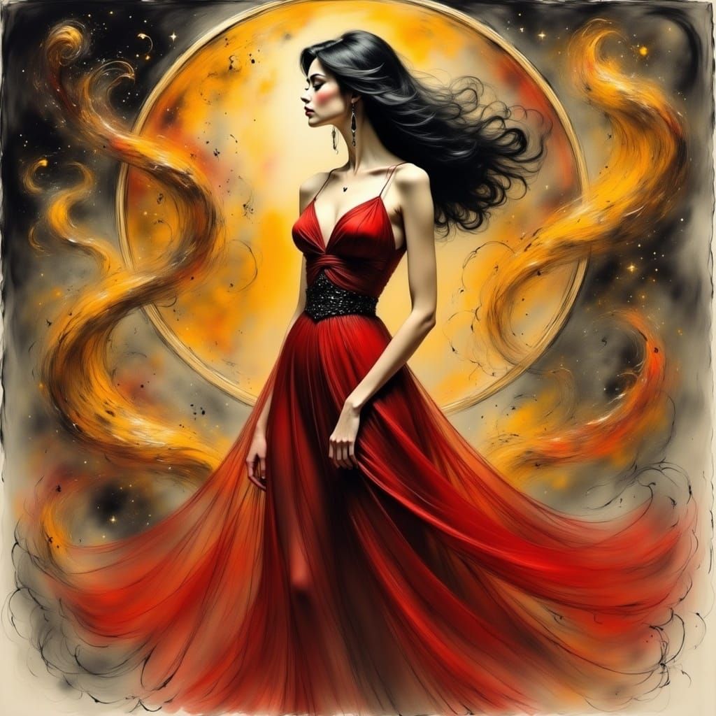 Elegant Woman in Flowing Hieroglyphic Robes