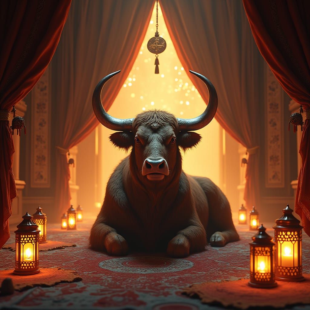 Bull in Ornate Tent with Mystical Symbols