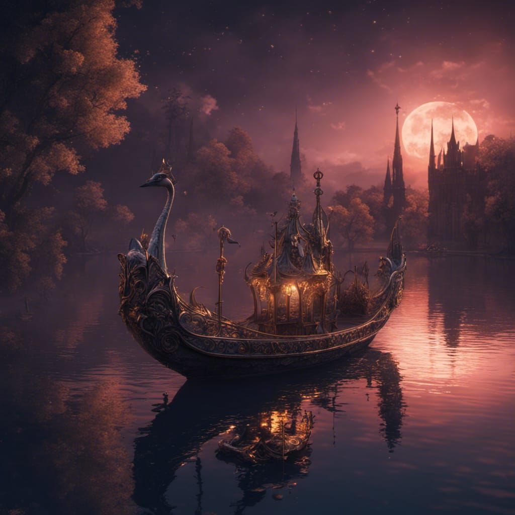 Fantasy Swan Boats on a Night Lake
