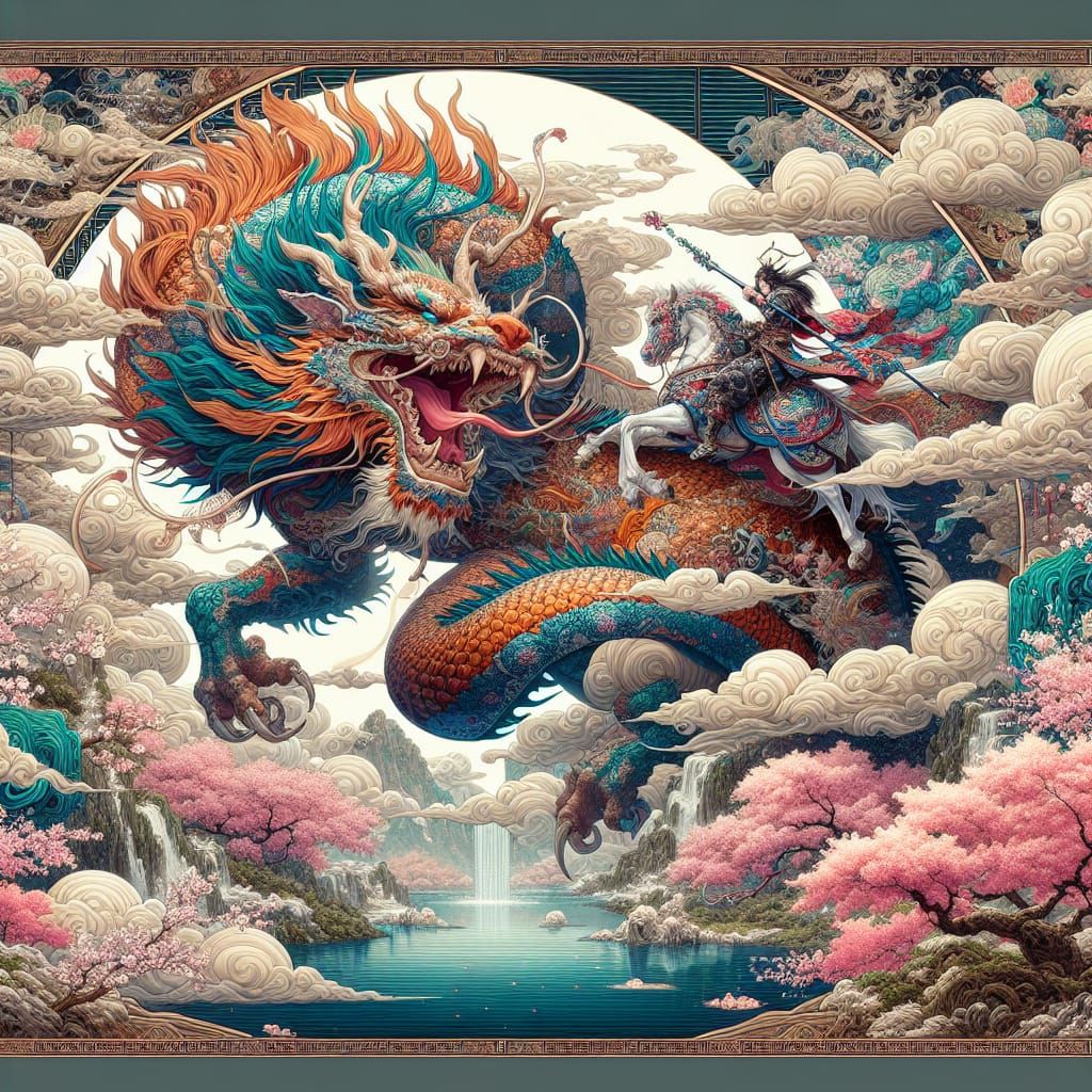 Dragon-Tiger Hybrid in Vibrant Oriental Scene