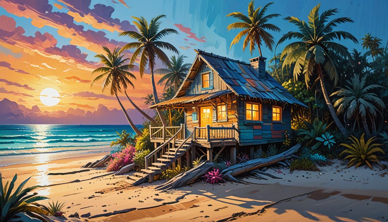 Solarpunk Cottage on Beach in Vibrant Gouache