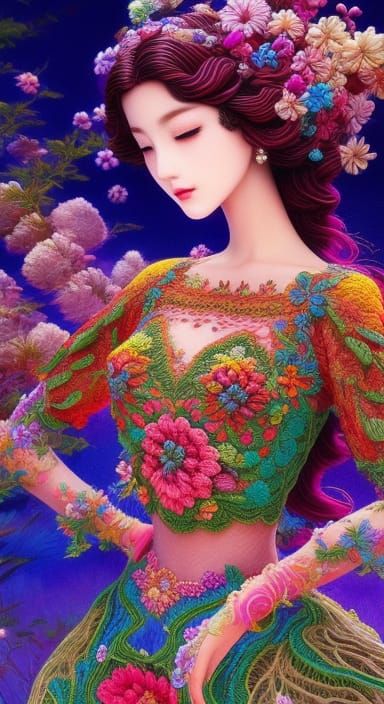 Woman Dancing in Embroidered Crochet Lace Flower Dress