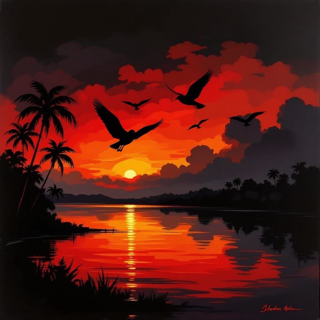 Tropical Sunset Over Orange Water in Dark Impressionist Styl...