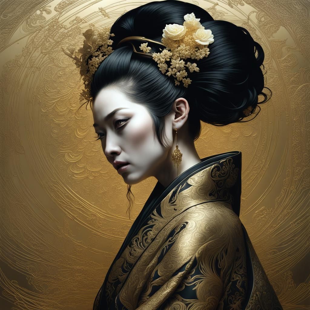 Golden Geisha Portrait in Cubist Art Deco Style