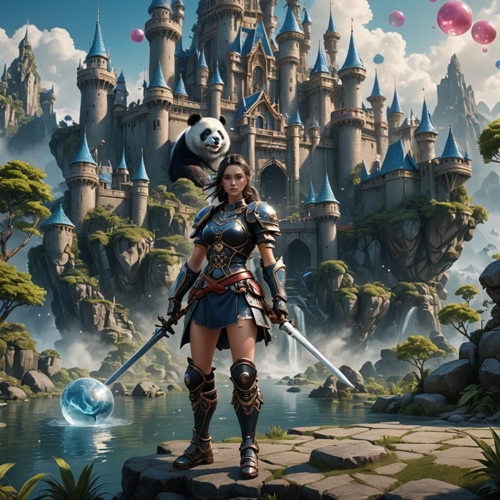 Panda Warrior Girl on Fantasy Island, Digital Art