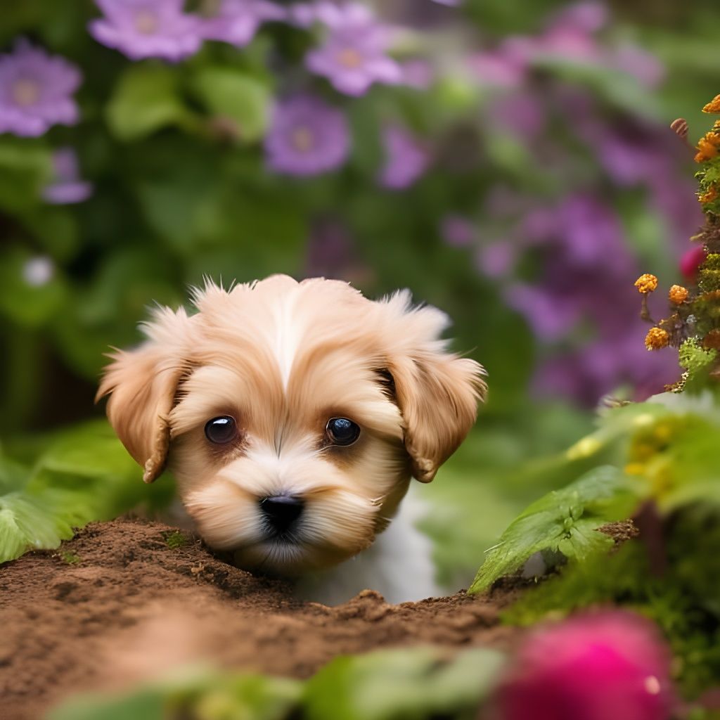 Adorable Puppy Digs in Anime Garden