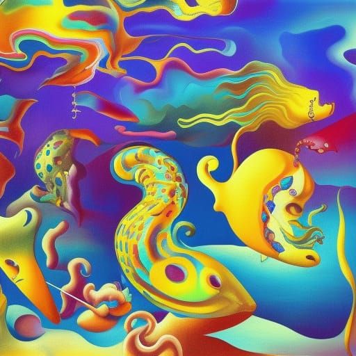 Surreal Fish in Dreamscape: A Vibrant Oil Painting