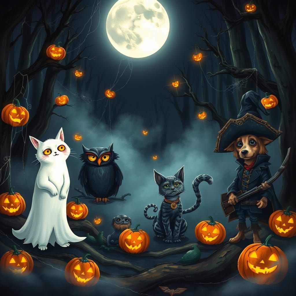 Spooky Halloween Forest with Costumed Creatures