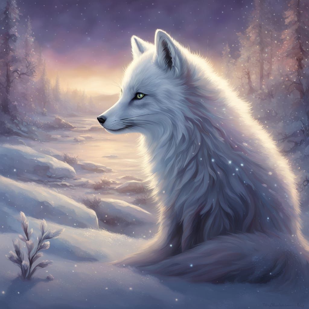 A majestic arctic fox standing in a shimmering snowy landscape, its thick white fur glistening under soft, ethereal ligh...
