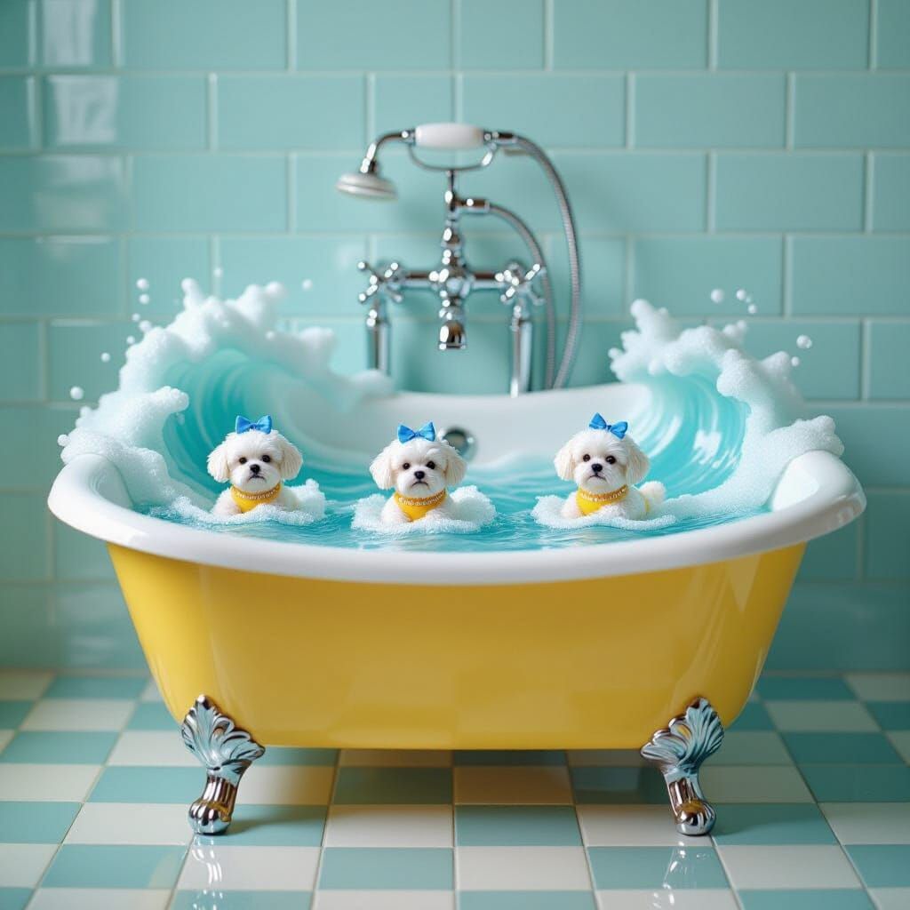 Retro Bathtub Ocean Gateway with Miniature Dogs