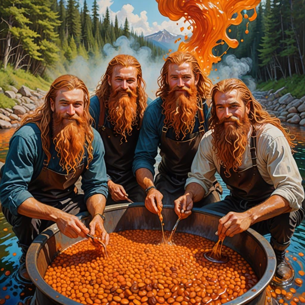 Three Men Swim in Baked Bean Cauldron