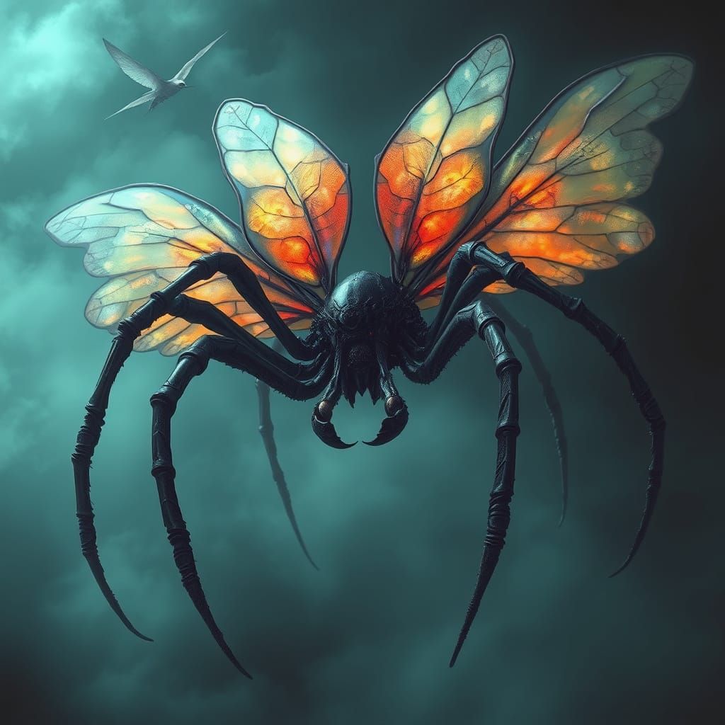 Dark Biomechanical Spider with Iridescent Wings and Tentacle...