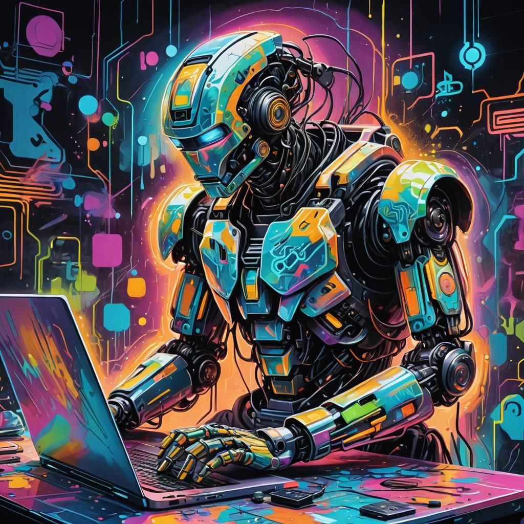 Futuristic Graffiti Art: AI Robot Emerges from Laptop