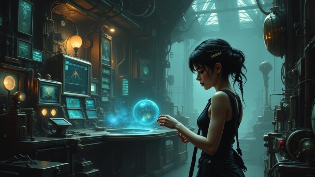 Adventurer Explores Alien Lab with Glowing Tech