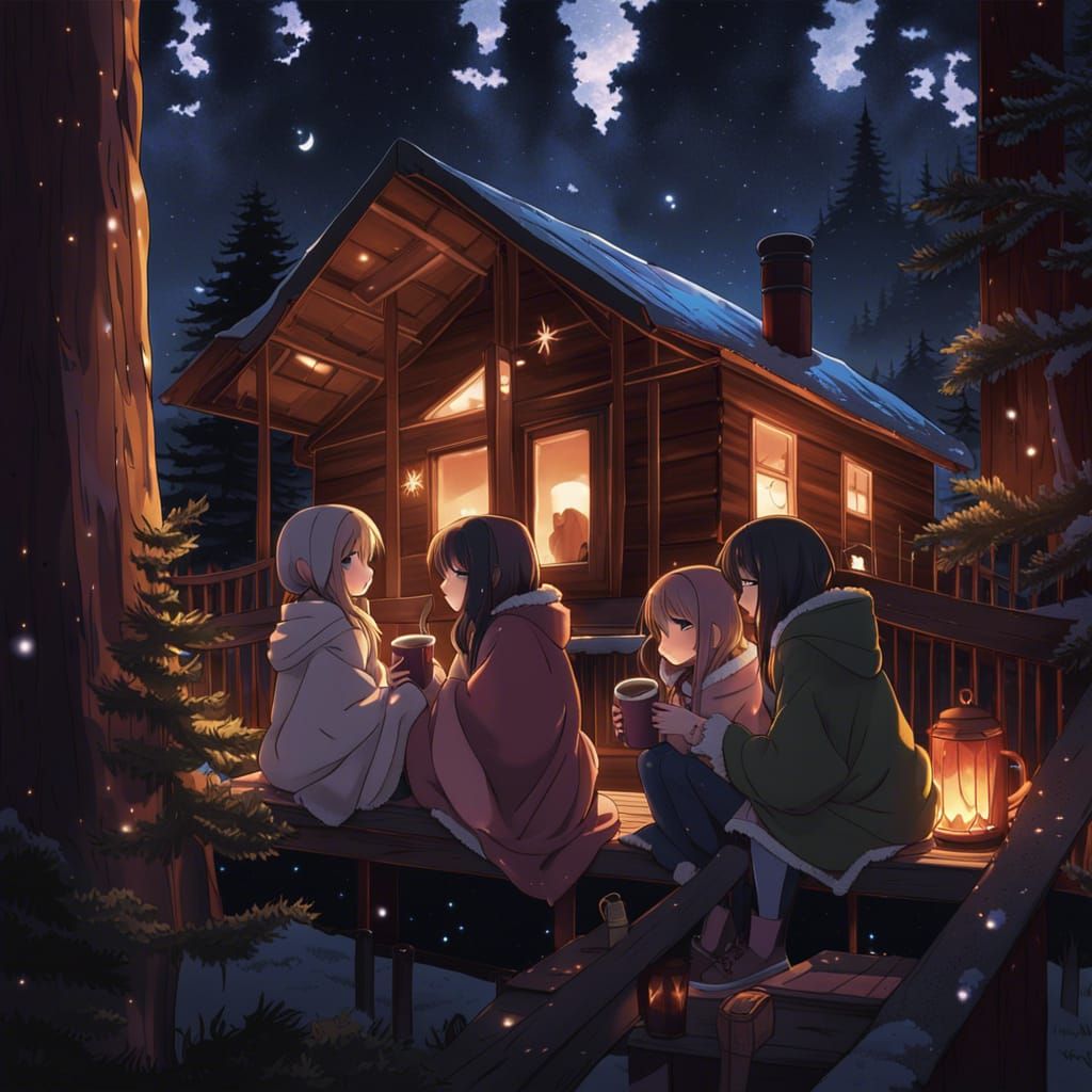 Anime Art: Girls Stargazing from Cozy Cabin