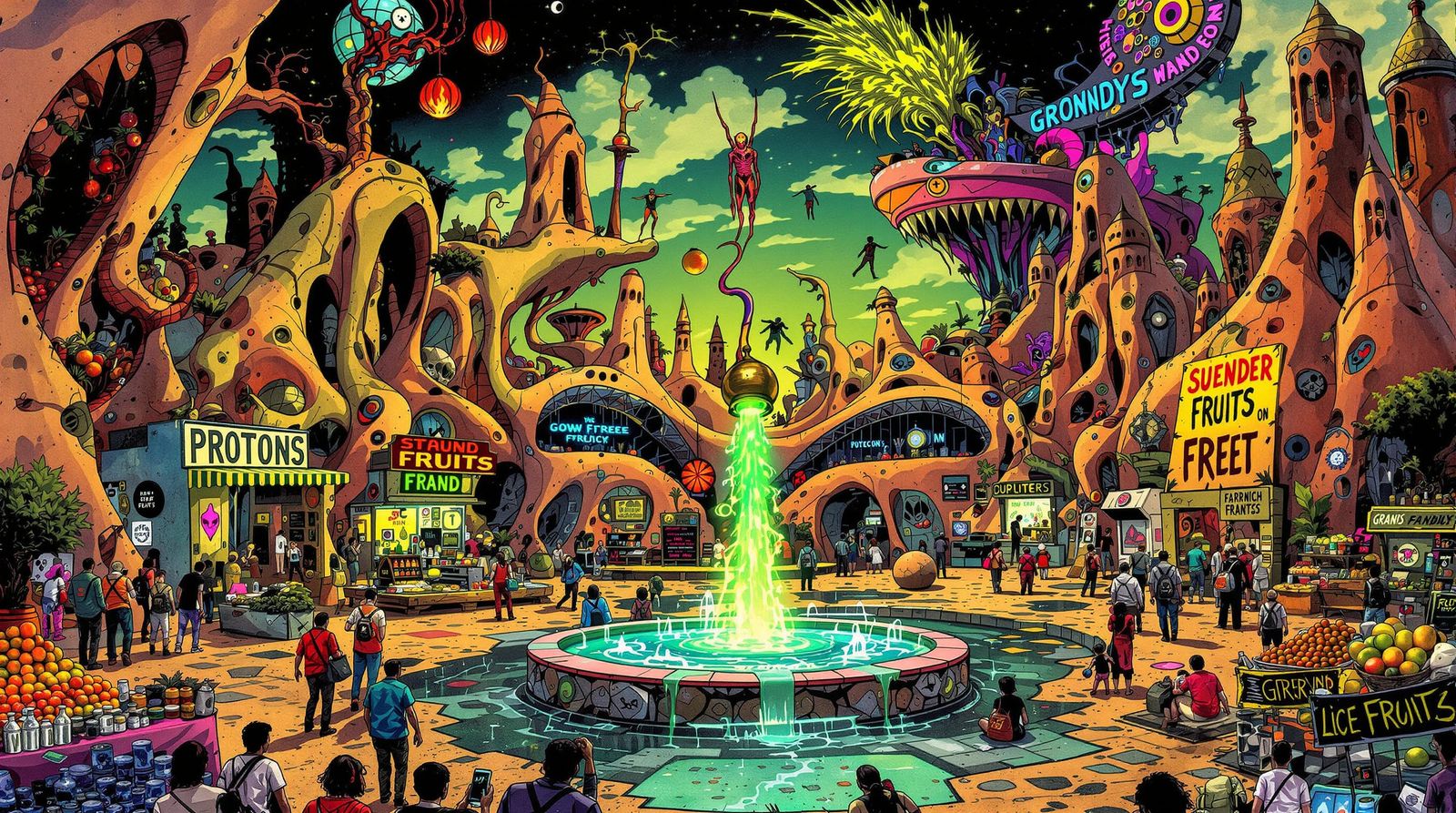 Futuristic Desert Market with Glowing Fountain