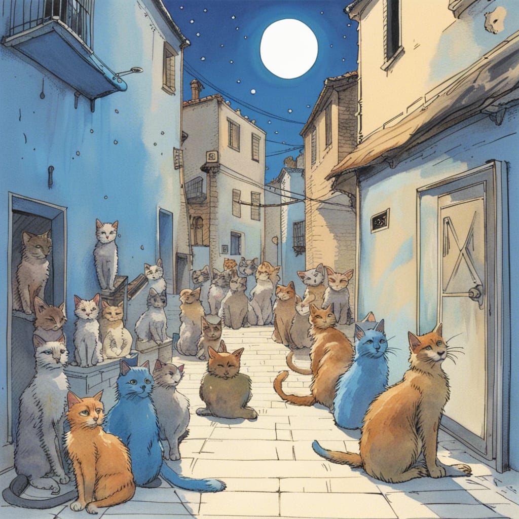 Cats Serenade the Moon in Comic Art Style