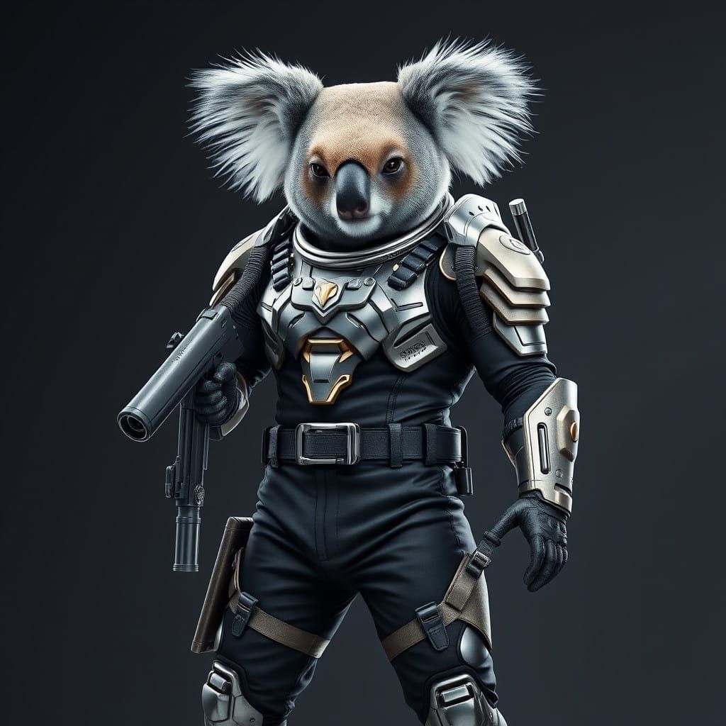 A realistic, full-body sci-fi armored koala warrior, adorned...