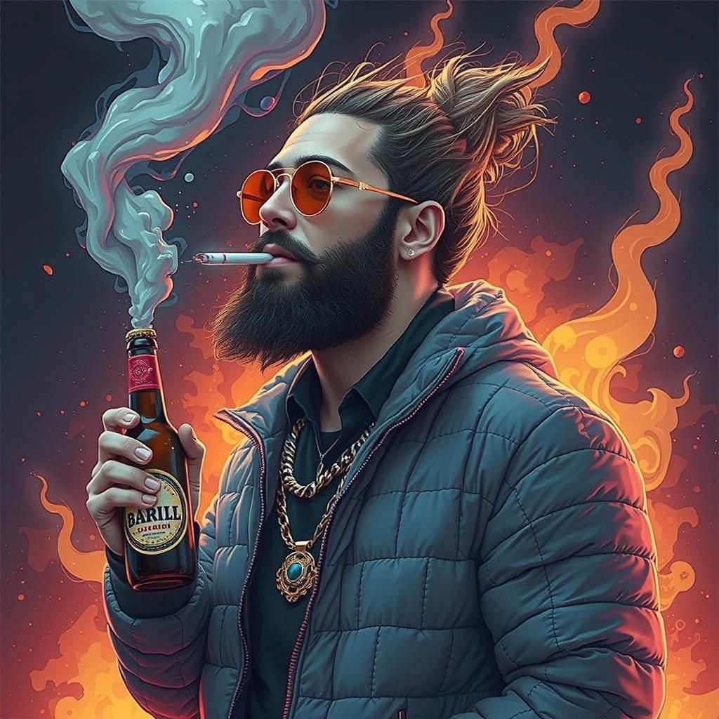Rapper with Beer and Cigarette in Psychedelic Explosion