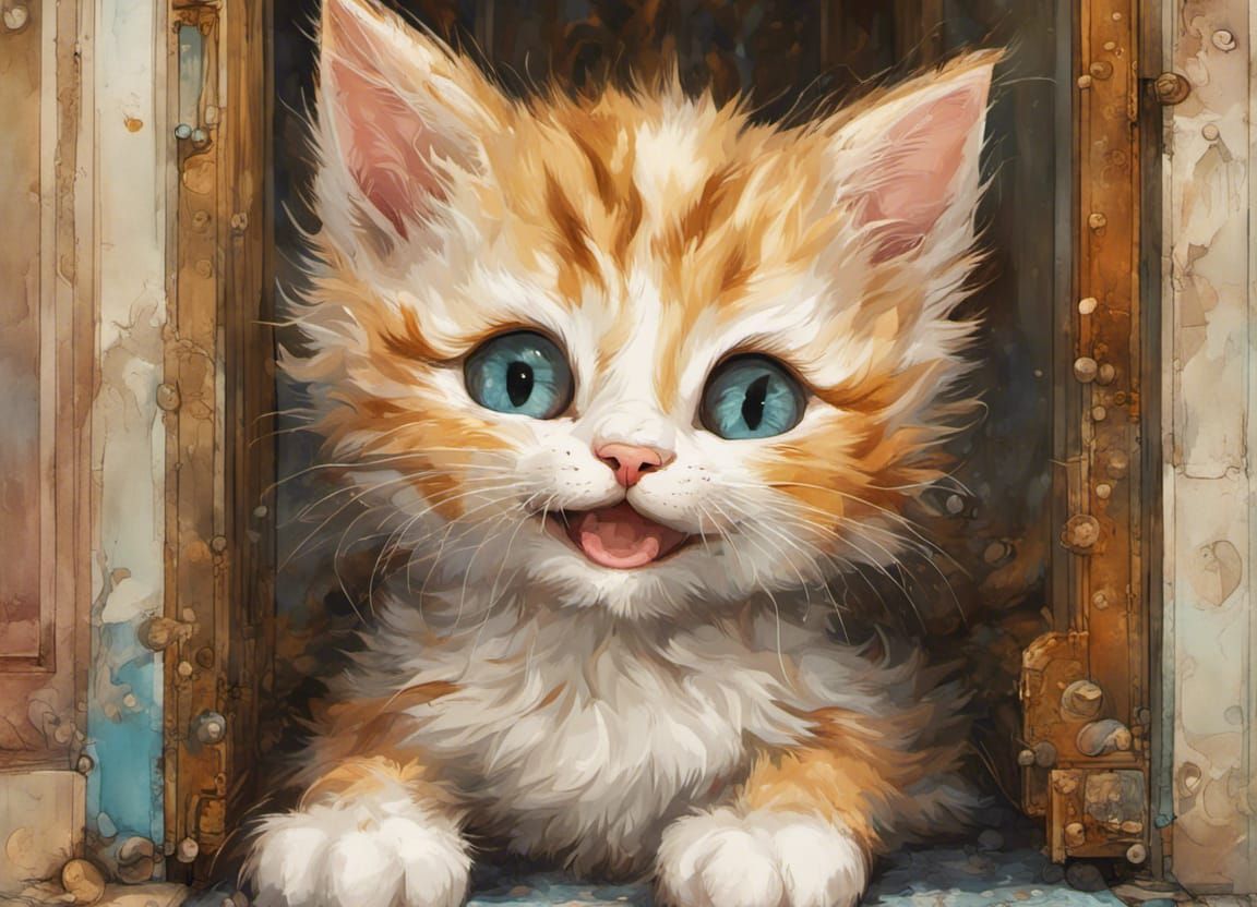 Joyful Chibi Cat Welcoming at the Door