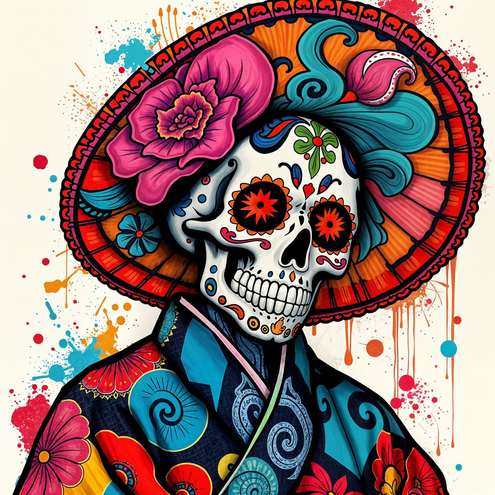 Sugar Skulls in Vibrant Japanese Kimono Style