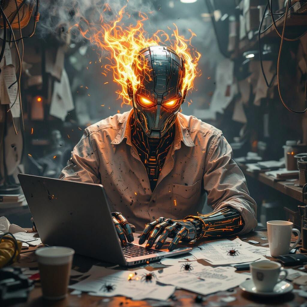 Fiery Figure Typing at Laptop in Dimly Lit Room