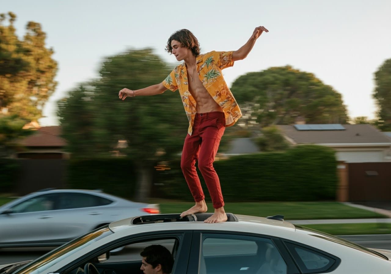 Young Man Car Surfing in a Vibrant Hawaiian Shirt