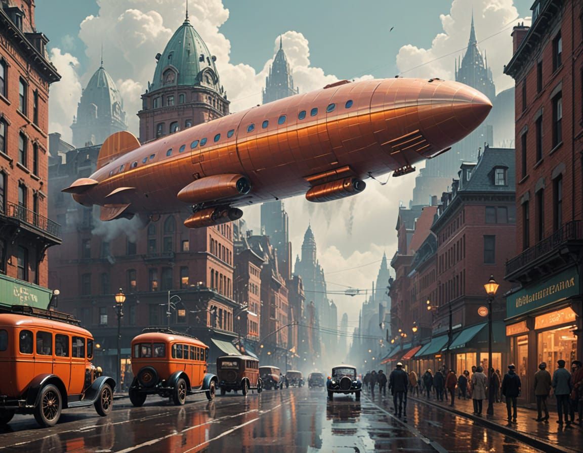 1920s Cityscape with Zeppelins and Steampowered Vehicles